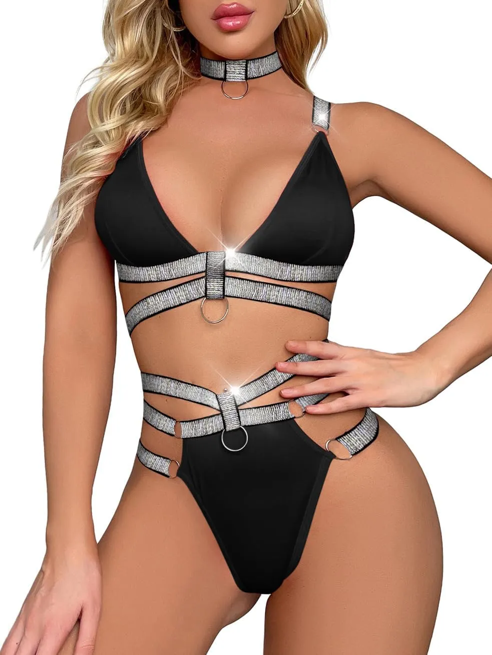 Lilosy Sexy Wireless Choker O Ring Linked Strappy Harness Lingerie Set Outfits 3 Piece