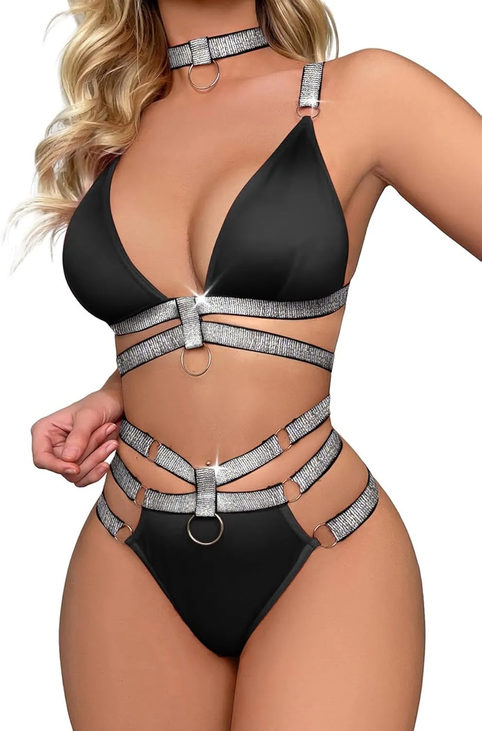 Lilosy Sexy Wireless Choker O Ring Linked Strappy Harness Lingerie Set Outfits 3 Piece