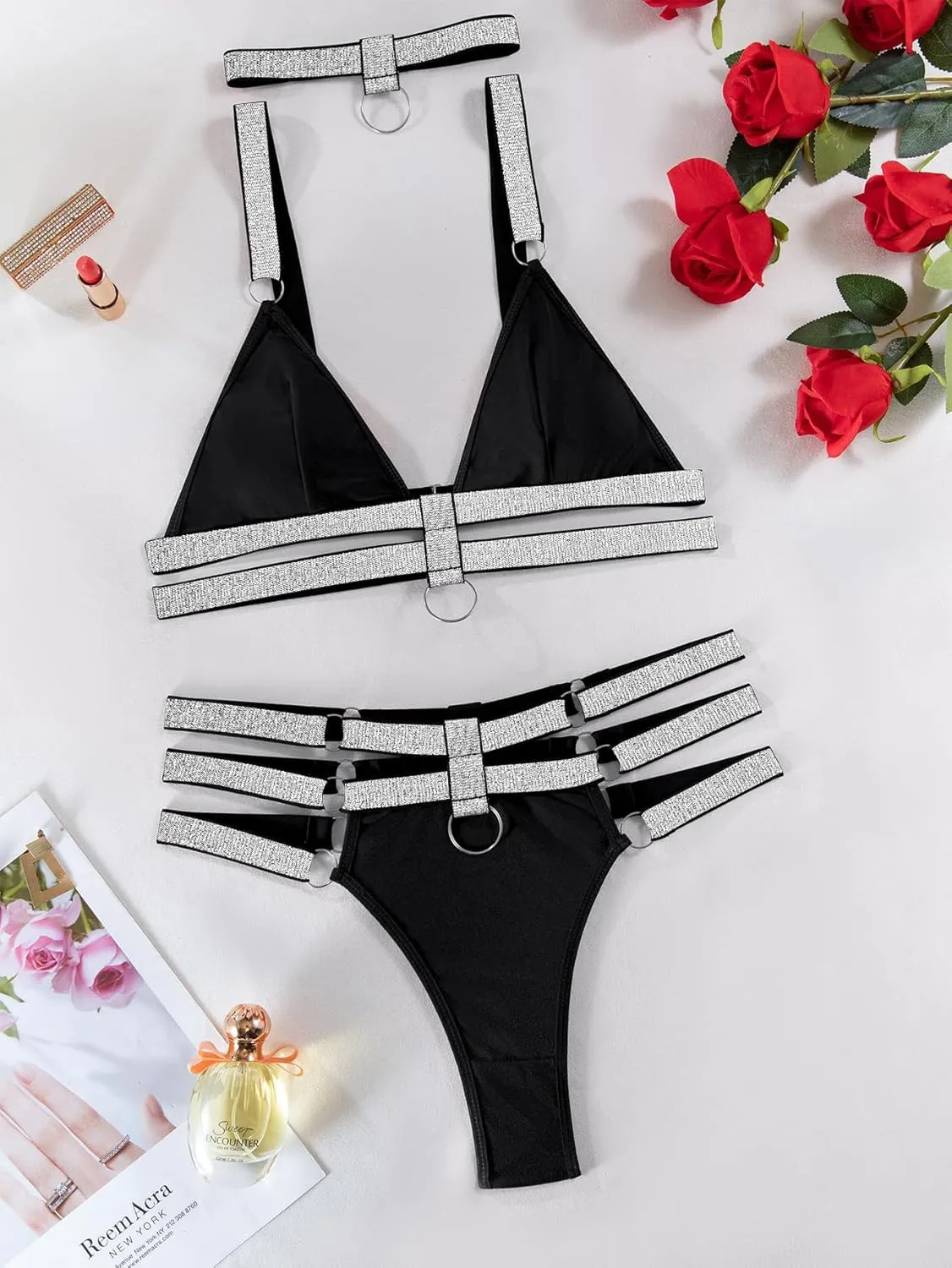 Lilosy Sexy Wireless Choker O Ring Linked Strappy Harness Lingerie Set Outfits 3 Piece