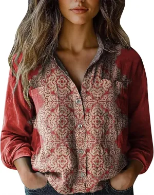 Linen Button Down Shirts for Women Long Sleeve Collared Ethic Floral Print Boho Blouses Retro Gauze Summer Tops