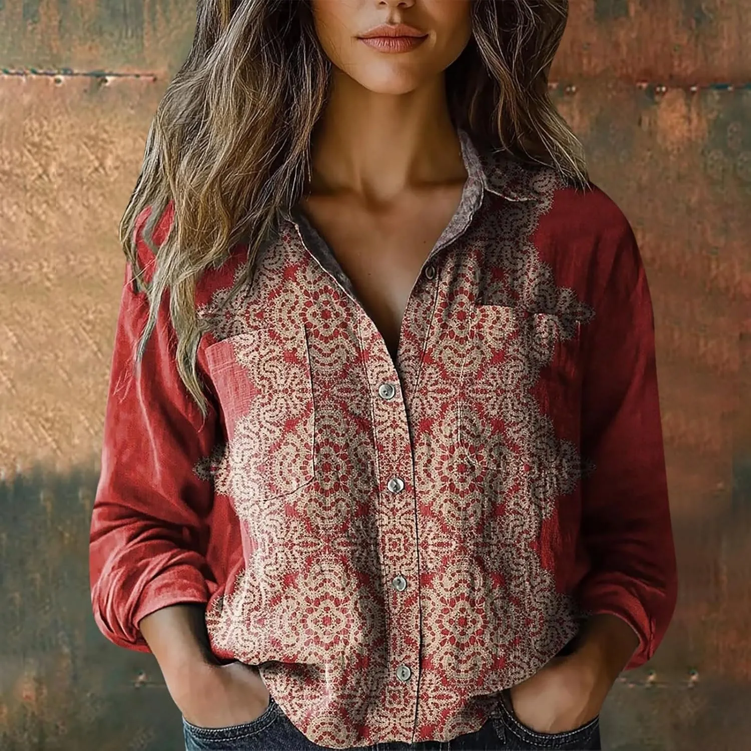 Linen Button Down Shirts for Women Long Sleeve Collared Ethic Floral Print Boho Blouses Retro Gauze Summer Tops