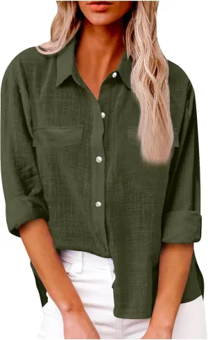 linen Crop Tops for Women Linen Shirts for Women with Pockets Long Sleeve High Low Oversized Blouse Tops for Women