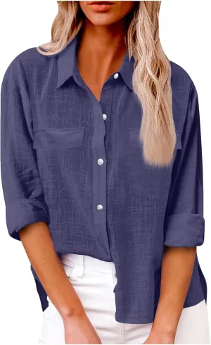 linen Crop Tops for Women Linen Shirts for Women with Pockets Long Sleeve High Low Oversized Blouse Tops for Women