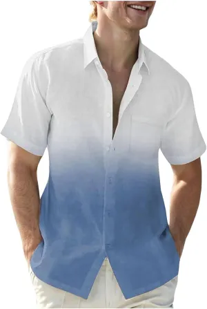 Linen Shirts for Men Gradient Short Sleeve Casual Button Down Shirt Lightweight Summer Beach Regular Fit Hawaiian Shirt