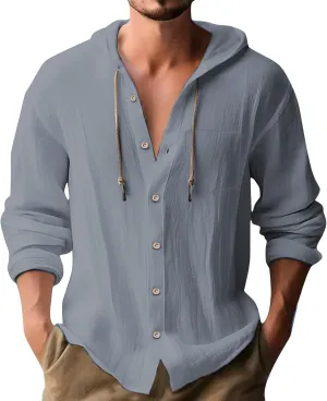 Linen Shirts for Men Long Sleeve Button Down Casual Hawaiian Shirt with Hood Lightweight Spring Summer Beach Hoodie