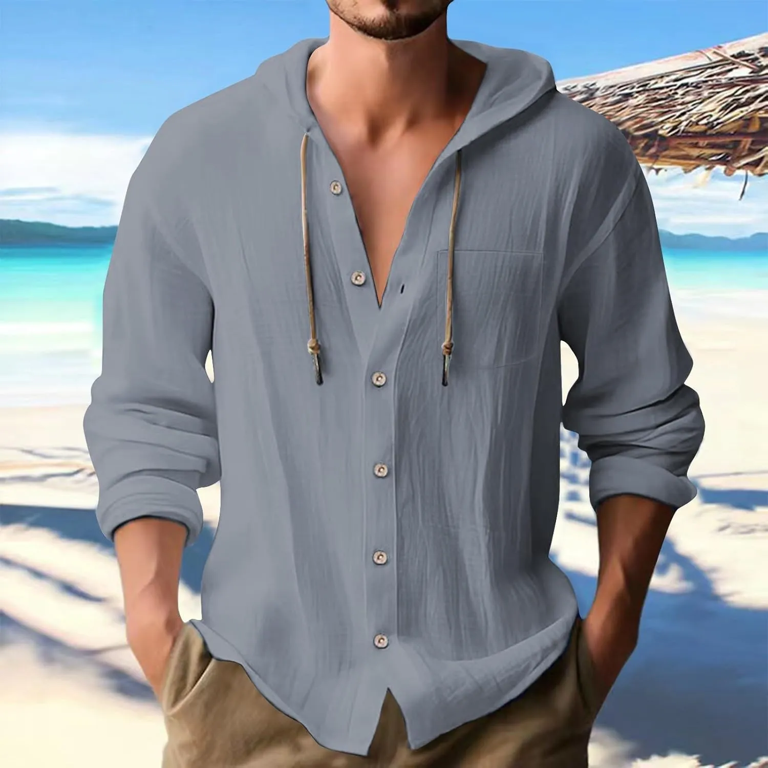 Linen Shirts for Men Long Sleeve Button Down Casual Hawaiian Shirt with Hood Lightweight Spring Summer Beach Hoodie