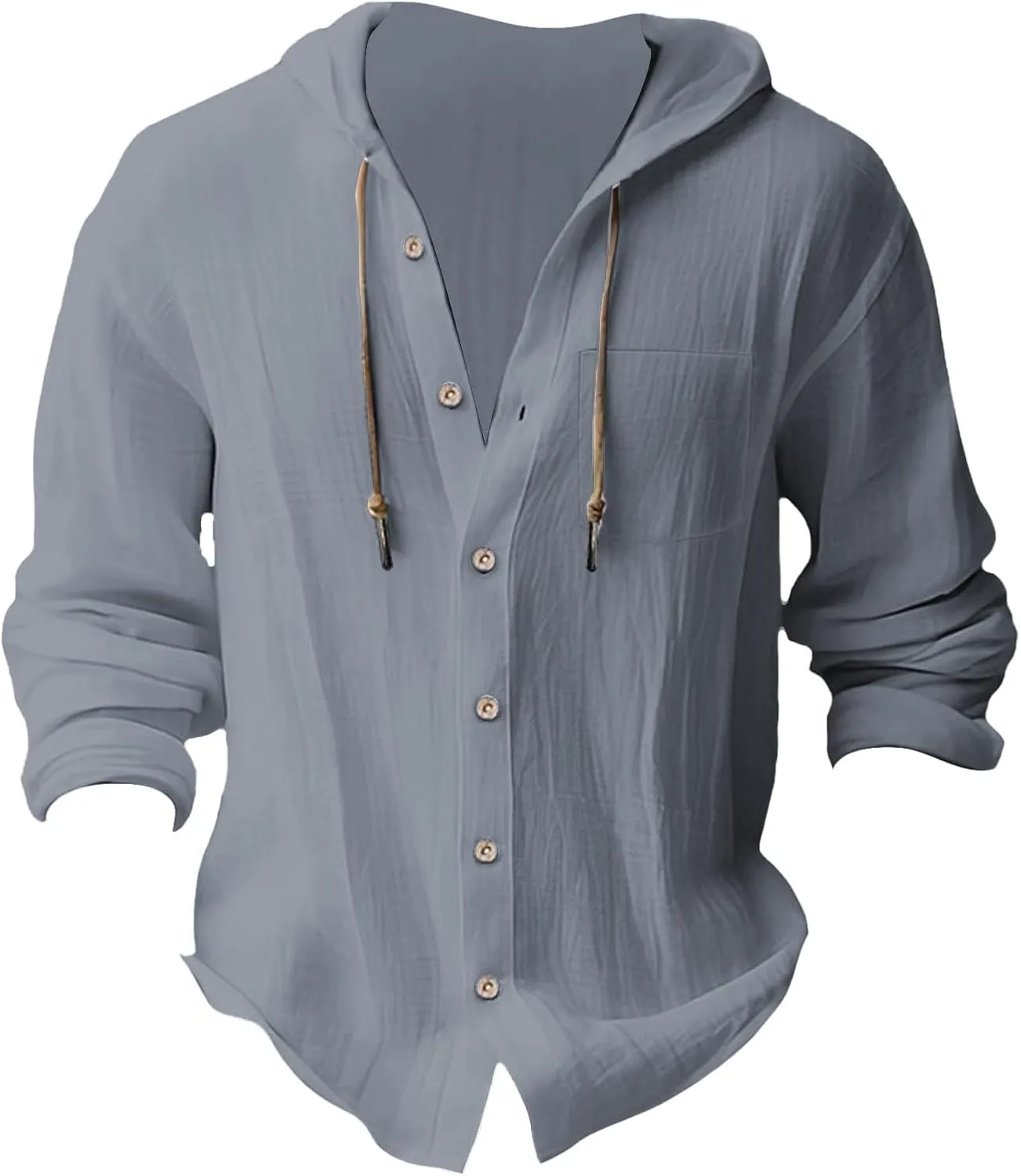 Linen Shirts for Men Long Sleeve Button Down Casual Hawaiian Shirt with Hood Lightweight Spring Summer Beach Hoodie