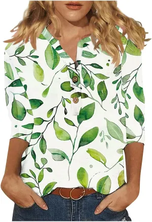 Linen Shirts for Women Boho Floral Shirt Button V Neck T Shirts Summer Vacation 3/4 Sleeve Tops Trendy Fashion Tops