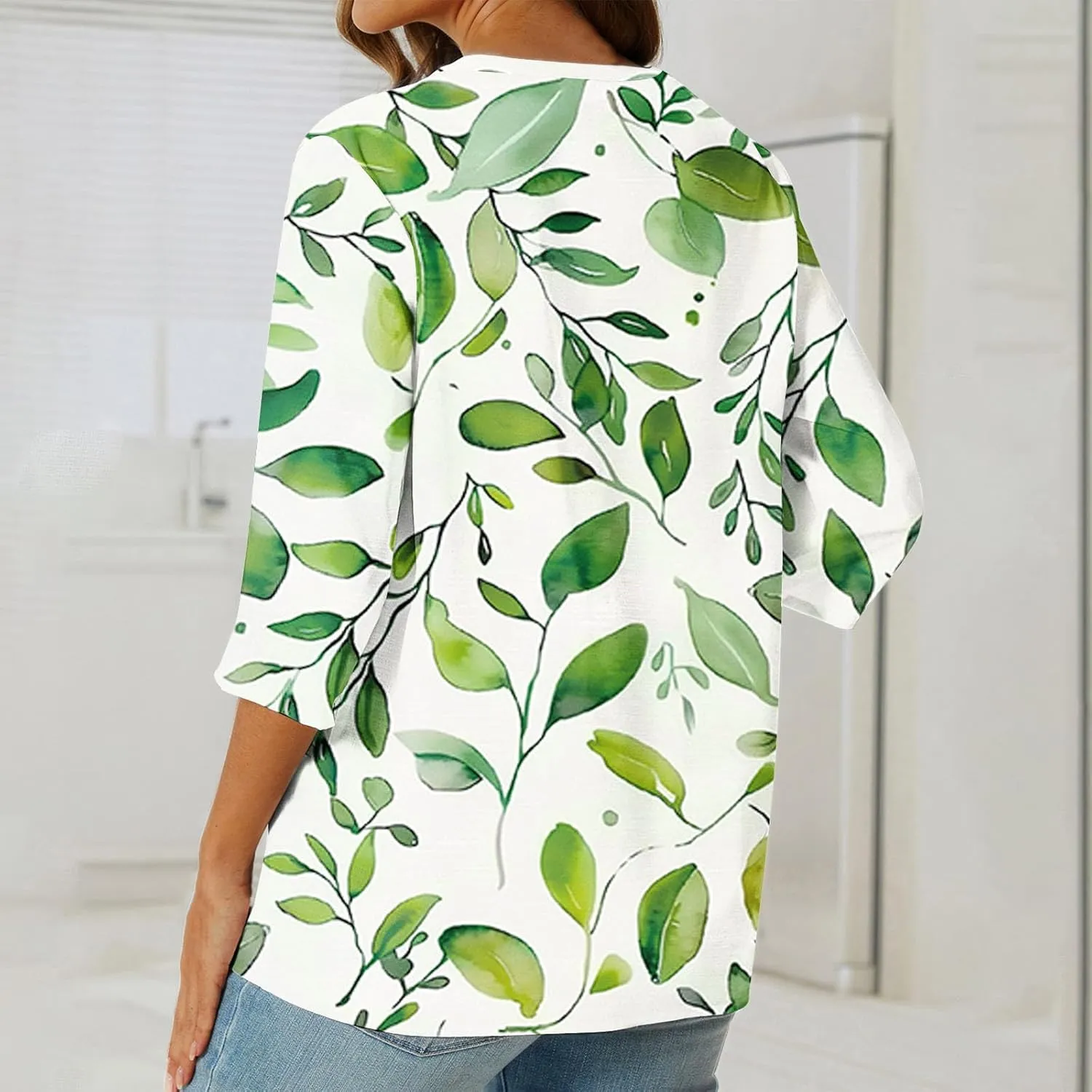 Linen Shirts for Women Boho Floral Shirt Button V Neck T Shirts Summer Vacation 3/4 Sleeve Tops Trendy Fashion Tops