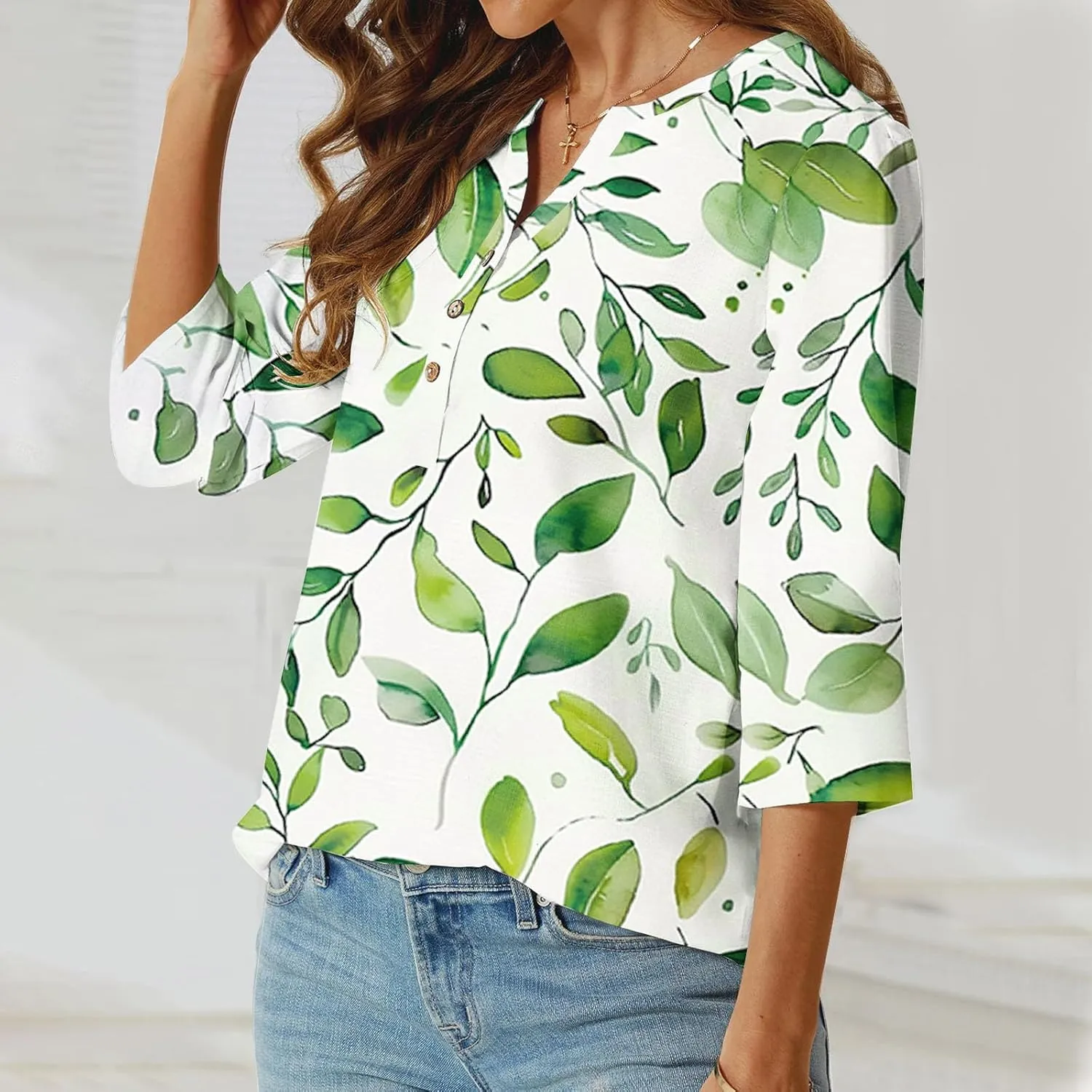 Linen Shirts for Women Boho Floral Shirt Button V Neck T Shirts Summer Vacation 3/4 Sleeve Tops Trendy Fashion Tops