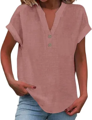Linen Shirts for Women V Neck Button Down Blouse Short Sleeve Office Work Tops Vintage Vacation Tees Blouse Tops