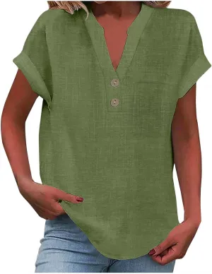 Linen Shirts for Women V Neck Button Down Blouse Short Sleeve Office Work Tops Vintage Vacation Tees Blouse Tops