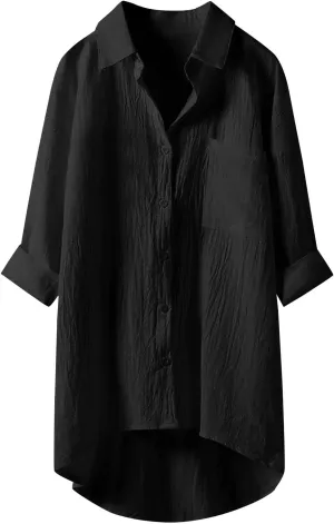 Linen Tops for Women Long Sleeve Summer Shirt Color Sleeve Collar Casual Womens Shirt Button Down Cotton Tops