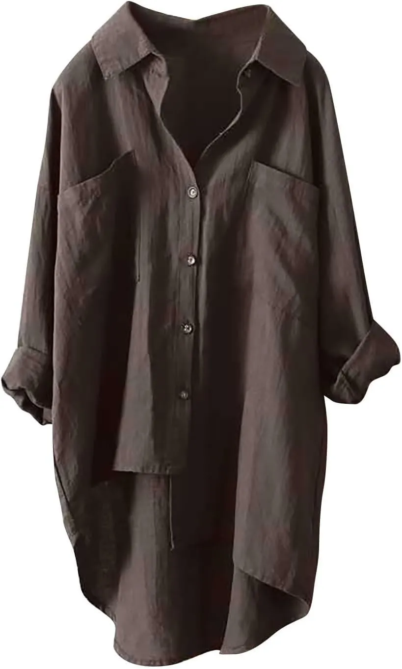Linen Tops for Women Long Sleeve Summer Shirt Color Sleeve Collar Casual Womens Shirt Button Down Cotton Tops