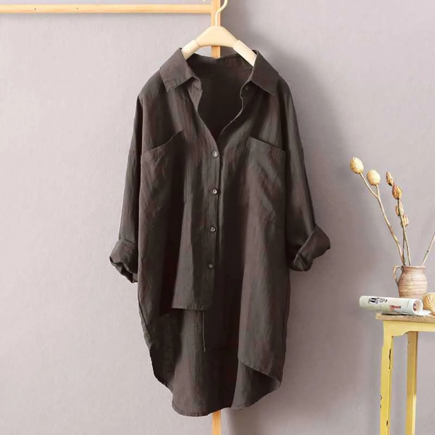 Linen Tops for Women Long Sleeve Summer Shirt Color Sleeve Collar Casual Womens Shirt Button Down Cotton Tops