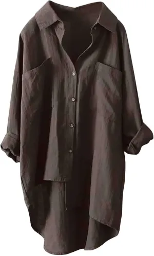 Linen Tops for Women Long Sleeve Summer Shirt Color Sleeve Collar Casual Womens Shirt Button Down Cotton Tops