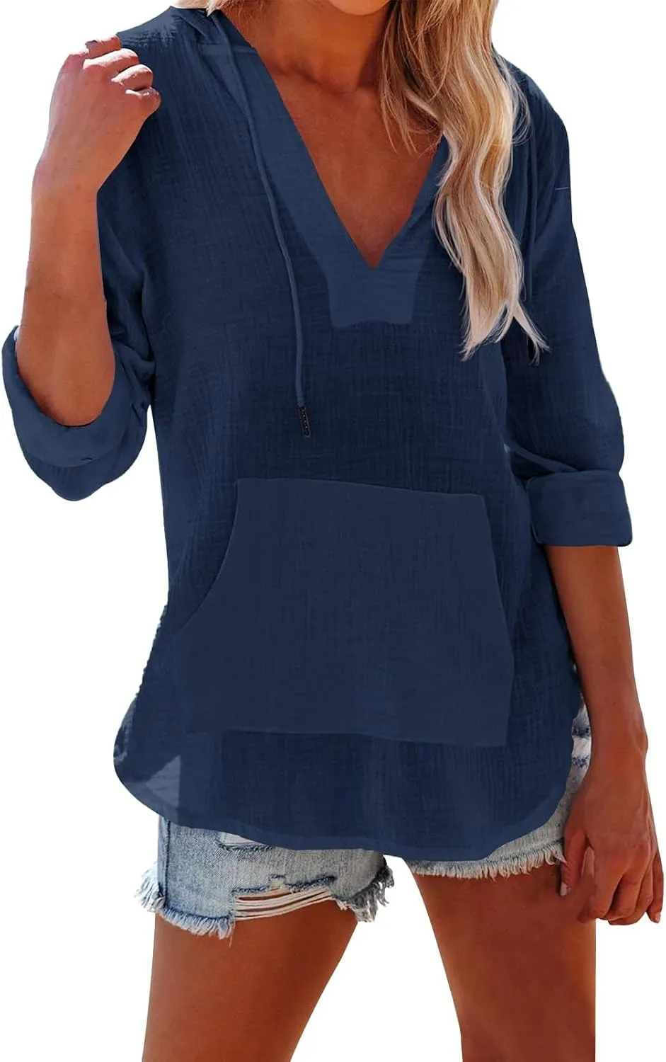 Long Sleeve Shirts for Women Casual V Neck Linen T Shirts Lightweight Pullover Tops Hoodie Sweatshirts Beach Cover Ups
