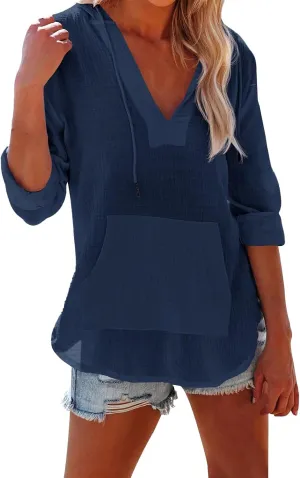 Long Sleeve Shirts for Women Casual V Neck Linen T Shirts Lightweight Pullover Tops Hoodie Sweatshirts Beach Cover Ups