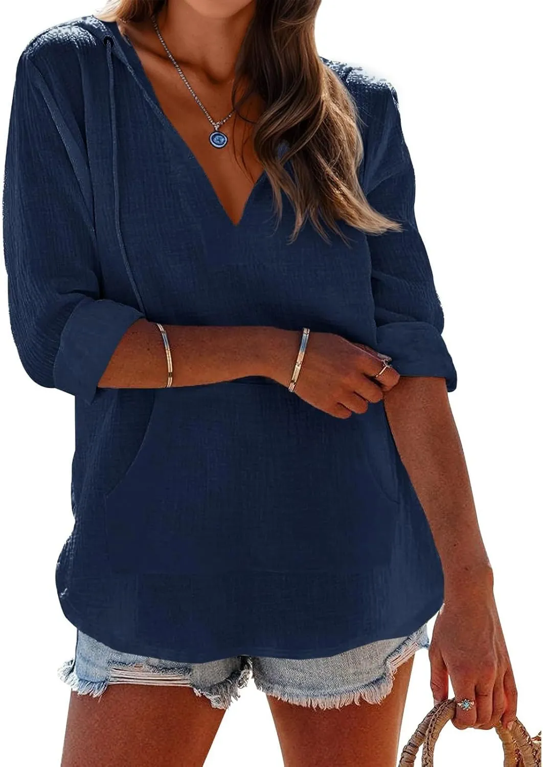 Long Sleeve Shirts for Women Casual V Neck Linen T Shirts Lightweight Pullover Tops Hoodie Sweatshirts Beach Cover Ups