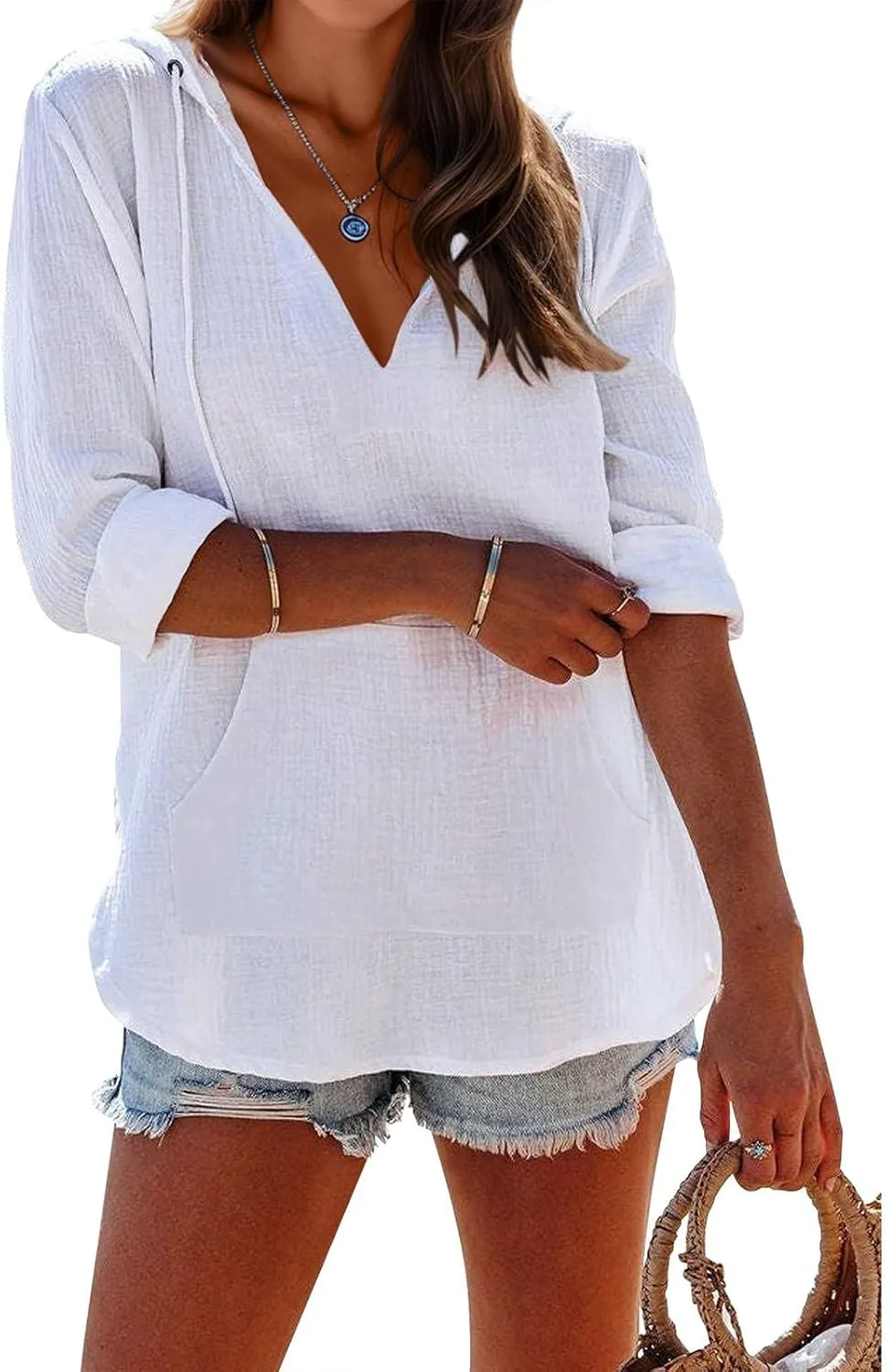 Long Sleeve Shirts for Women Casual V Neck Linen T Shirts Lightweight Pullover Tops Hoodie Sweatshirts Beach Cover Ups