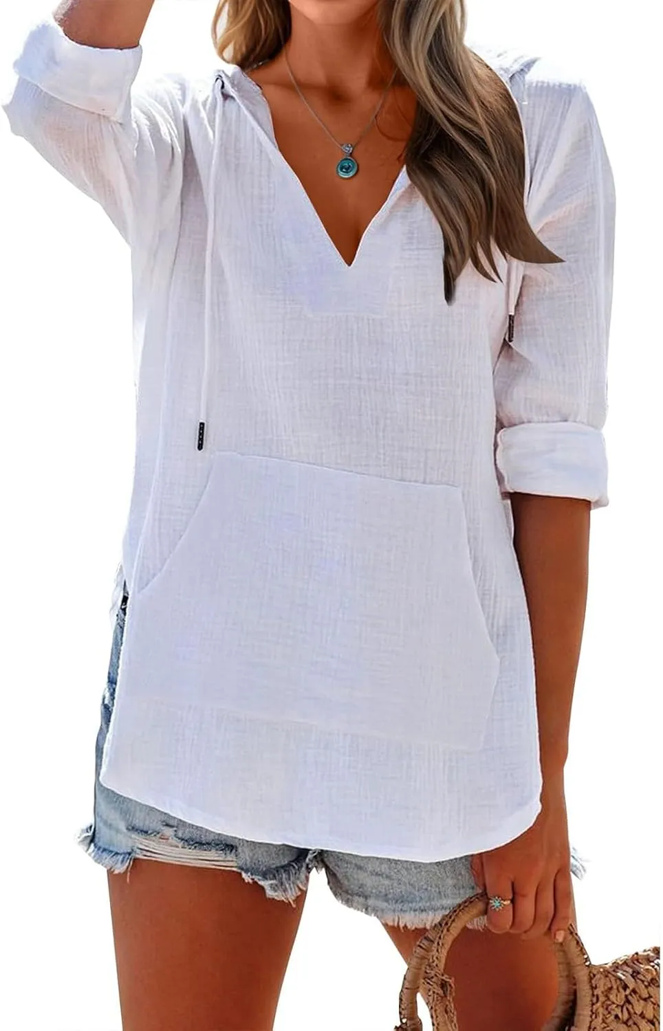 Long Sleeve Shirts for Women Casual V Neck Linen T Shirts Lightweight Pullover Tops Hoodie Sweatshirts Beach Cover Ups