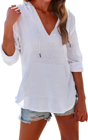 Long Sleeve Shirts for Women Casual V Neck Linen T Shirts Lightweight Pullover Tops Hoodie Sweatshirts Beach Cover Ups