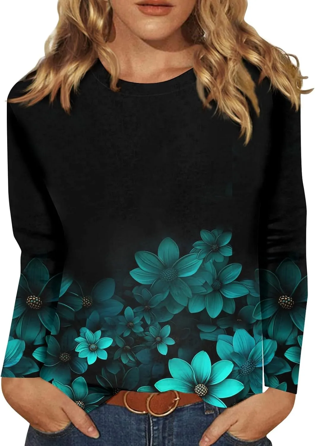 Long Sleeve Womens Tops 2024 Vintage Print Casual Loose with Round Neck Plus Size Shirts