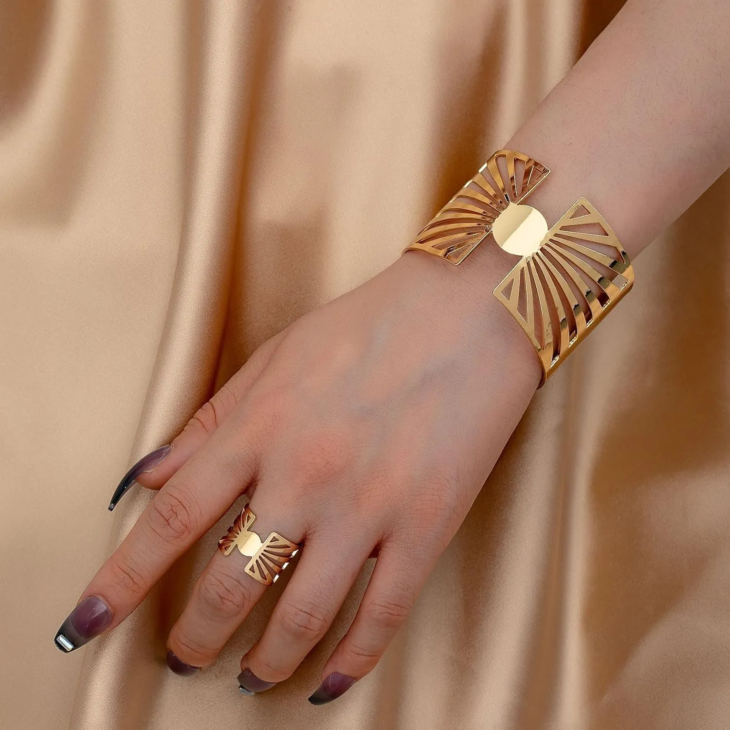 Long tiantian Gold Chunky Bracelet Ring Set for Women Chunky Bangles Bracelets Non Tarnish Gold/Silver Bracelet for Women Trendy Jewelry Gift