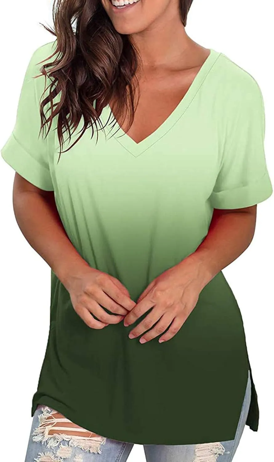 LRMQS Summer Tops for Women 2024 Plus Size Fashion Casual V Neck Short Sleeve T Shirts Comfy Trendy Ladies Blouse Tee