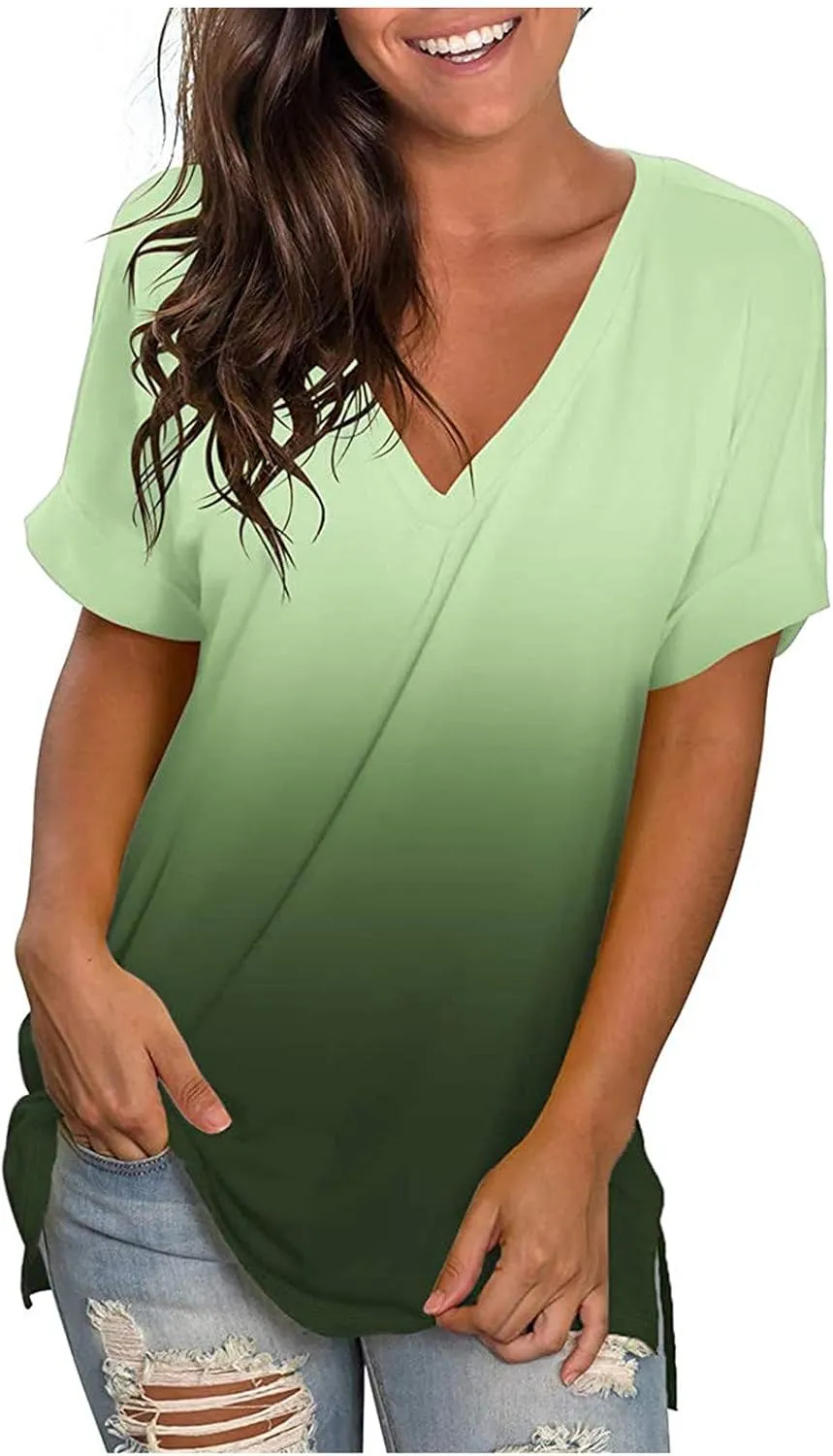 LRMQS Summer Tops for Women 2024 Plus Size Fashion Casual V Neck Short Sleeve T Shirts Comfy Trendy Ladies Blouse Tee