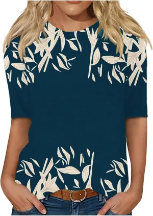 LRMQS Womens Elbow Length Sleeve Tops 2025 Spring Summer Floral Print Crew Neck T-Shirts Blouses Trendy Boho Clothes