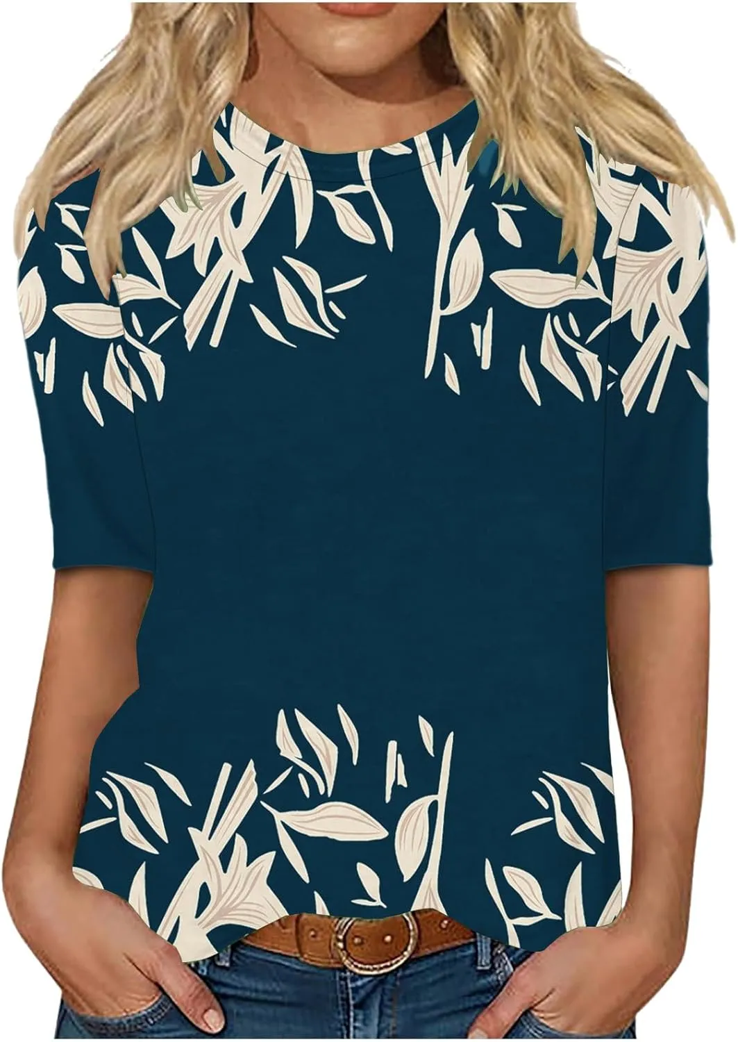 LRMQS Womens Elbow Length Sleeve Tops 2025 Spring Summer Floral Print Crew Neck T-Shirts Blouses Trendy Boho Clothes