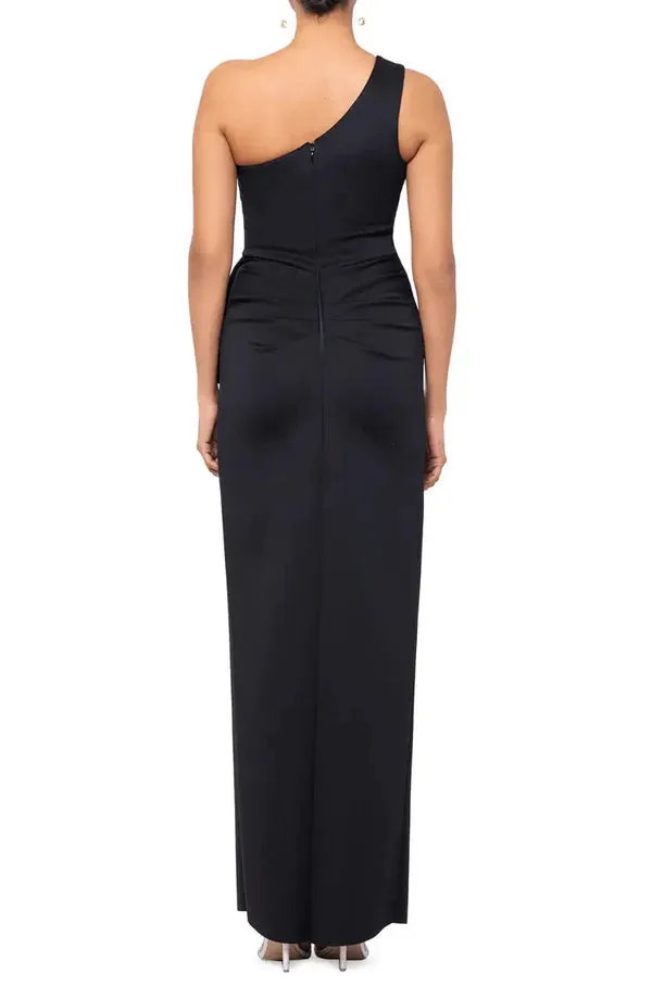 Luolandi Noble and elegant one shoulder off the shoulder ruffled edge open back front slit evening dress Black