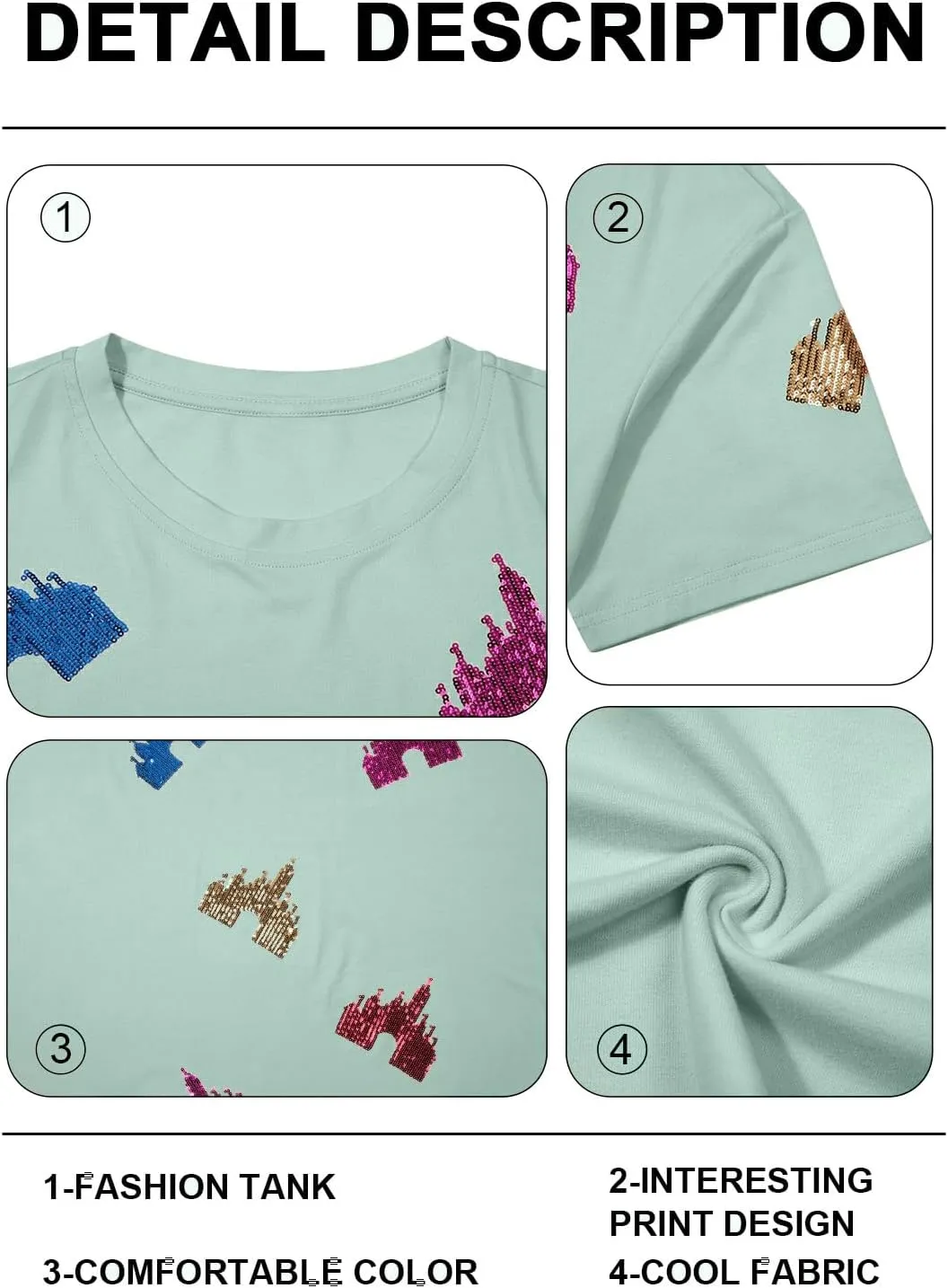 Magic Kingdom Shirts for Women Sequin Top Colorful Castle Graphic Tshirt Holiday Vacation Shirt Funny Cute Tee Tops