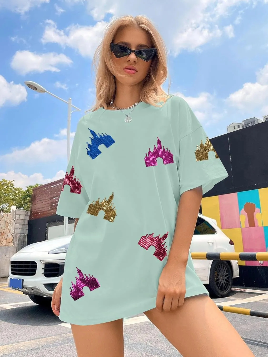 Magic Kingdom Shirts for Women Sequin Top Colorful Castle Graphic Tshirt Holiday Vacation Shirt Funny Cute Tee Tops