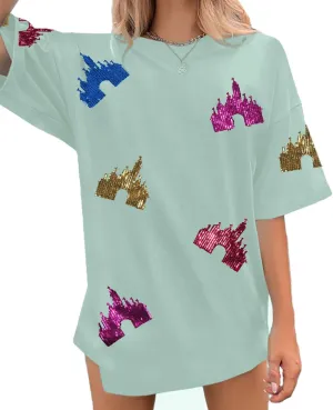 Magic Kingdom Shirts for Women Sequin Top Colorful Castle Graphic Tshirt Holiday Vacation Shirt Funny Cute Tee Tops