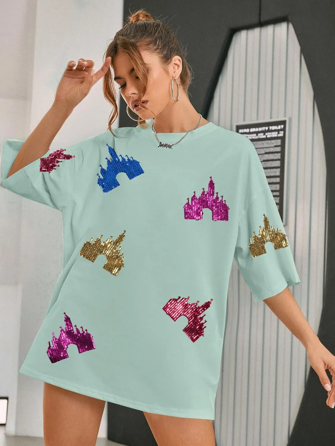 Magic Kingdom Shirts for Women Sequin Top Colorful Castle Graphic Tshirt Holiday Vacation Shirt Funny Cute Tee Tops