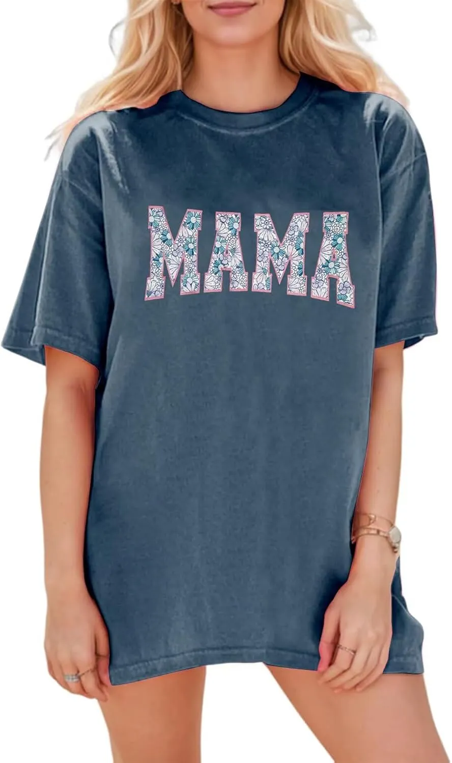 Mama Oversized Tshirts for Women Cute Mama Letter Print Shirts Mother's Day Graphic Tees Mom Casual Tshirt Loose Fit