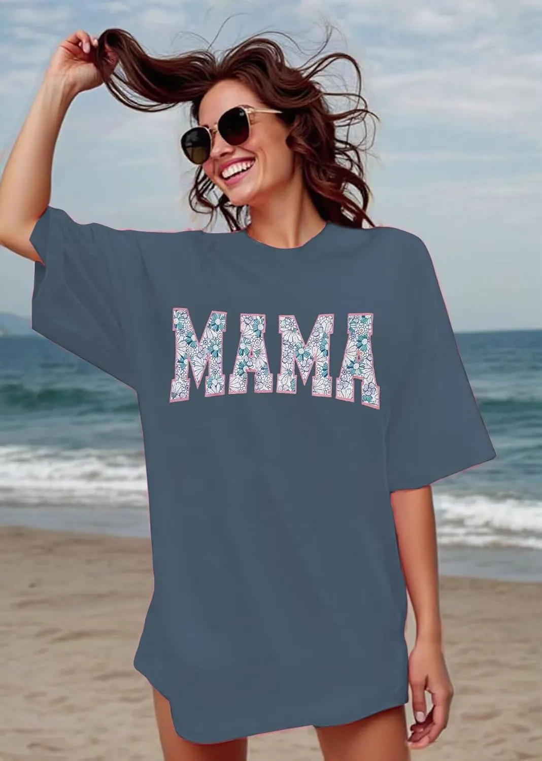 Mama Oversized Tshirts for Women Cute Mama Letter Print Shirts Mother's Day Graphic Tees Mom Casual Tshirt Loose Fit