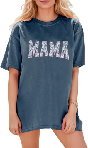 Mama Oversized Tshirts for Women Cute Mama Letter Print Shirts Mother's Day Graphic Tees Mom Casual Tshirt Loose Fit