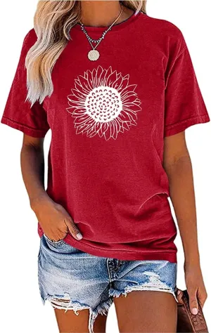 MaQiYa Womens Cute Sunflower Graphic Printed Tee Shirts Vintage Short Sleeve Cotton Shirts Tops