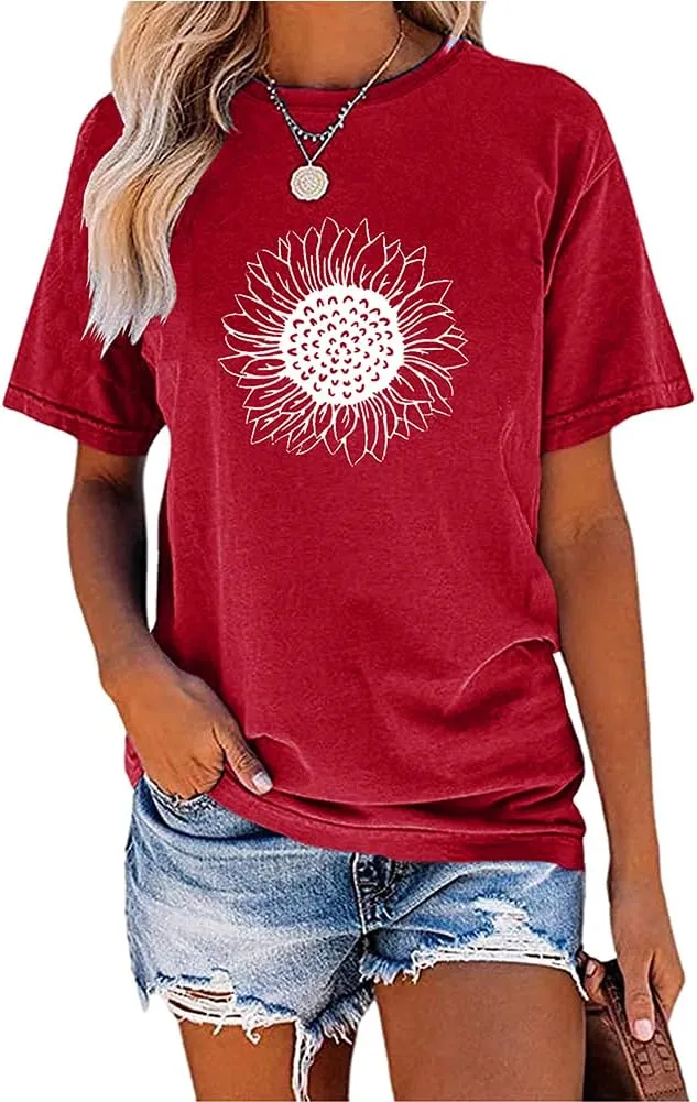 MaQiYa Womens Cute Sunflower Graphic Printed Tee Shirts Vintage Short Sleeve Cotton Shirts Tops