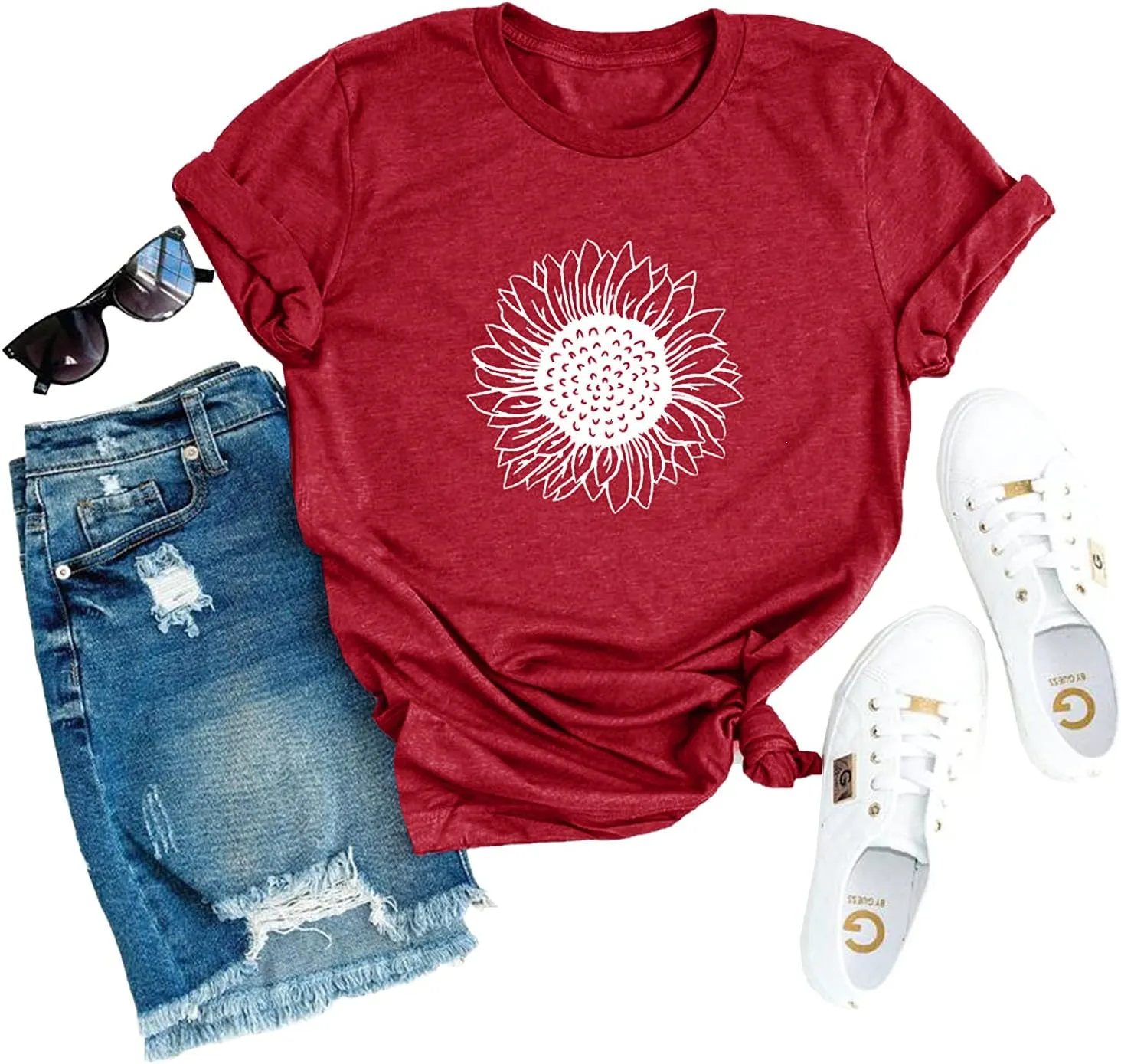 MaQiYa Womens Cute Sunflower Graphic Printed Tee Shirts Vintage Short Sleeve Cotton Shirts Tops