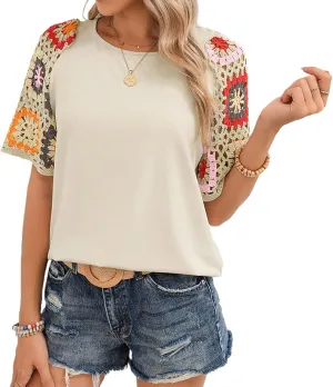Melliflo Womens Crochet Top Crewneck T Shirts Boho Floral Short Sleeve Mexican Shirts Peasant Blouse Summer Tops