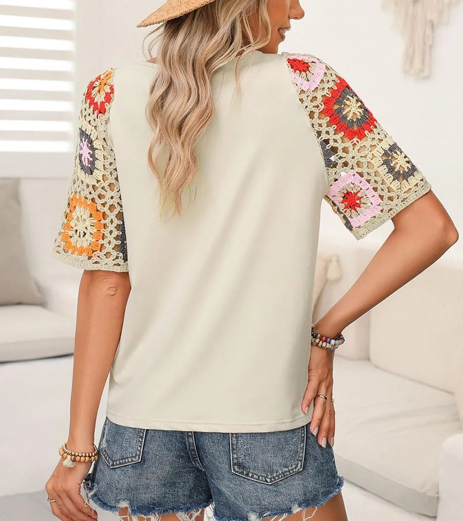 Melliflo Womens Crochet Top Crewneck T Shirts Boho Floral Short Sleeve Mexican Shirts Peasant Blouse Summer Tops