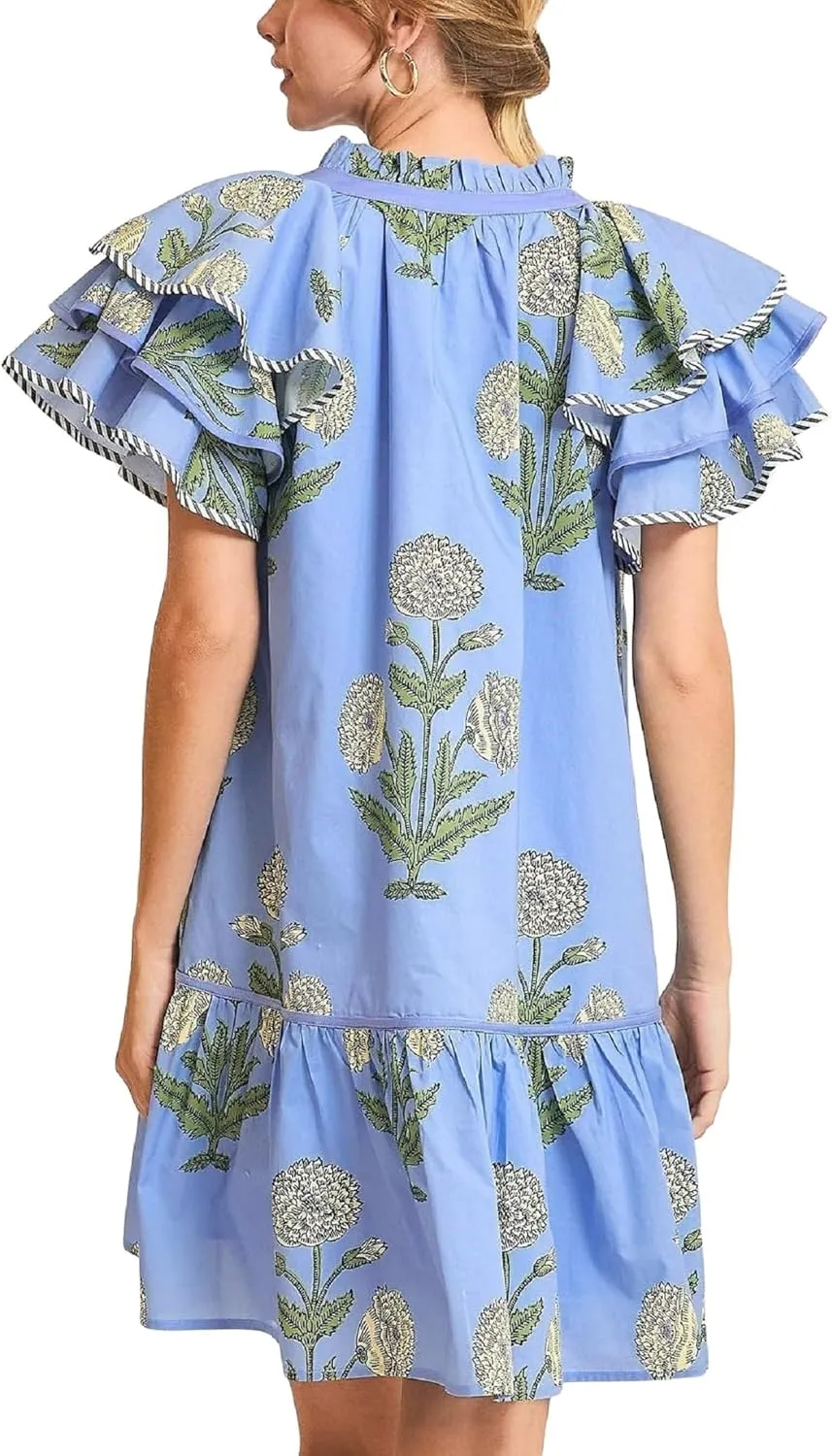 Melliflo Womens Summer Casual Floral Mini Dress V-Neck Puff Sleeve Flowy Tiered Babydoll Dress Swing Beach Vacation Sundress