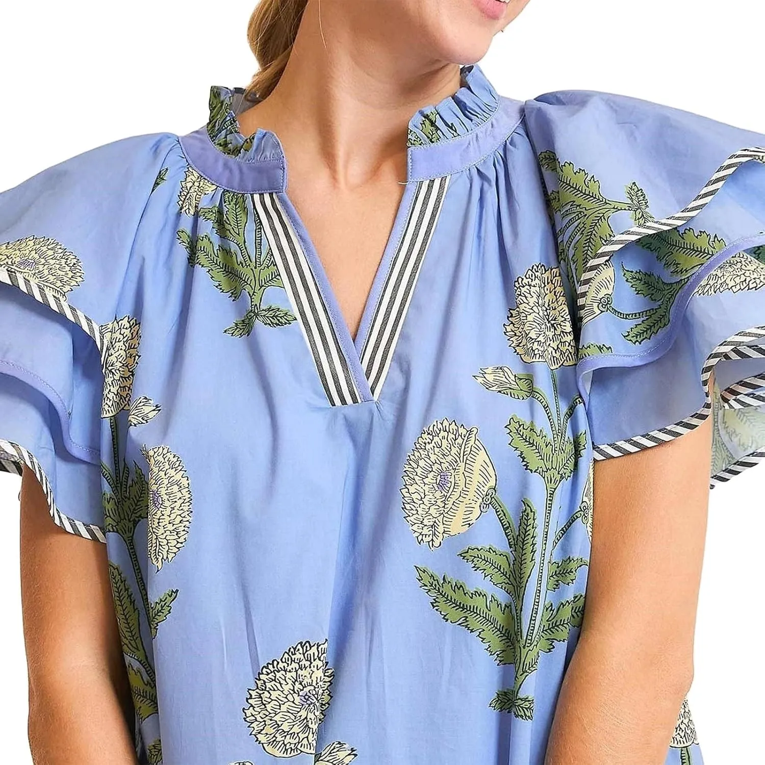 Melliflo Womens Summer Casual Floral Mini Dress V-Neck Puff Sleeve Flowy Tiered Babydoll Dress Swing Beach Vacation Sundress