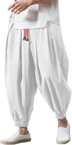 Mens Cotton Linen Harem Pants Drawstring Elastic Waist Casual Beach Yoga Crop Trousers Big and Tall Wide Leg Pant for Men