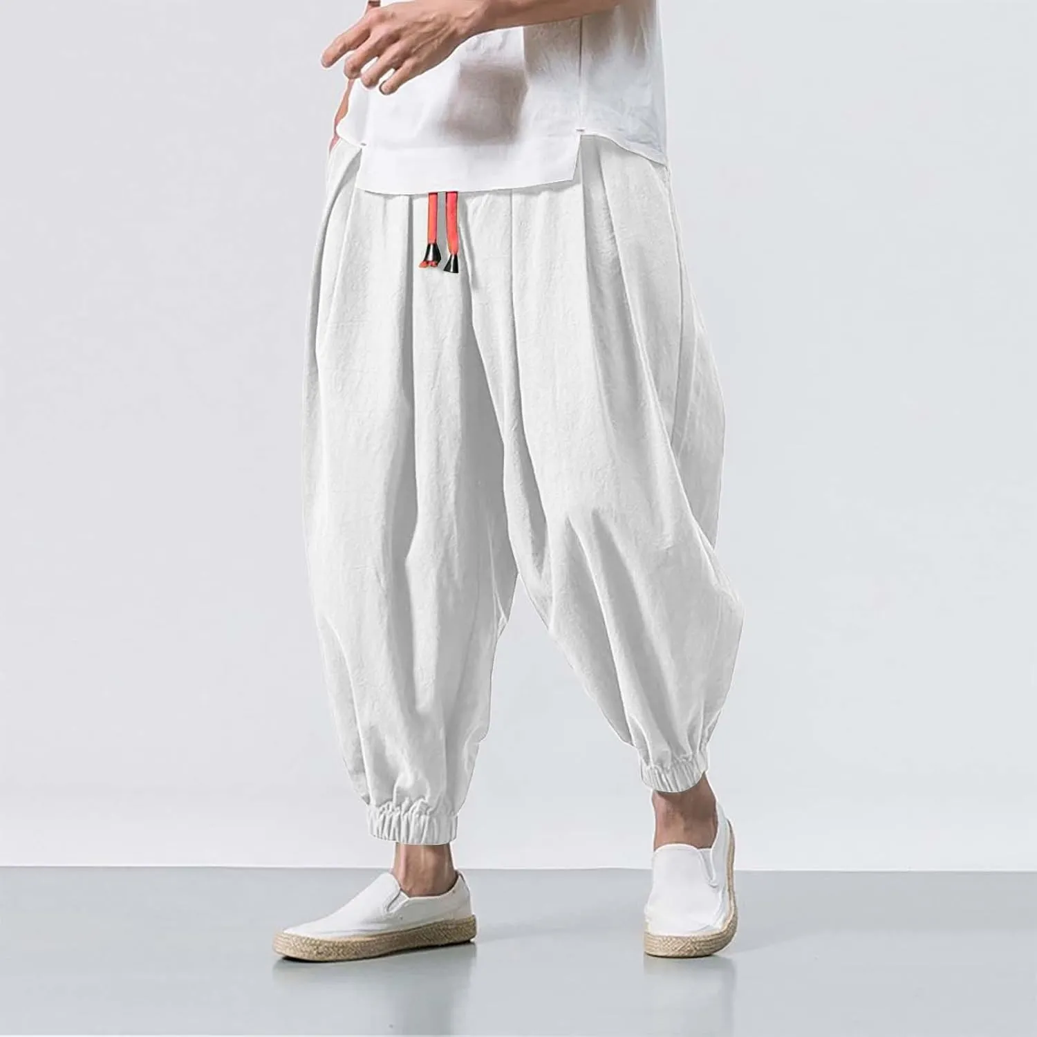 Mens Cotton Linen Harem Pants Drawstring Elastic Waist Casual Beach Yoga Crop Trousers Big and Tall Wide Leg Pant for Men