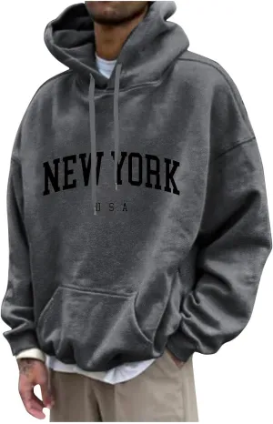 Mens Hoodies,New York Print Hoodies Long Sleeve Oversized Sweatshirts Casual Drawstring Pullover With Hood